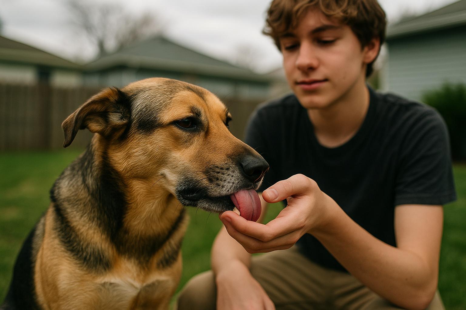 A medium-sized mixed-breed dog licking a teenager's hand in a suburban backyard, soft overcast light, close-up portrait.