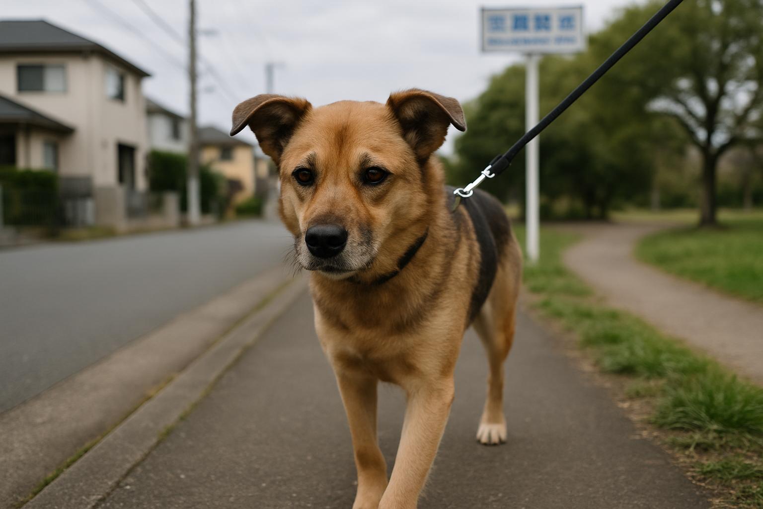 A mixed-breed dog on a suburban sidewalk in Sagamiha City during a walk, with houses and a park path in the background