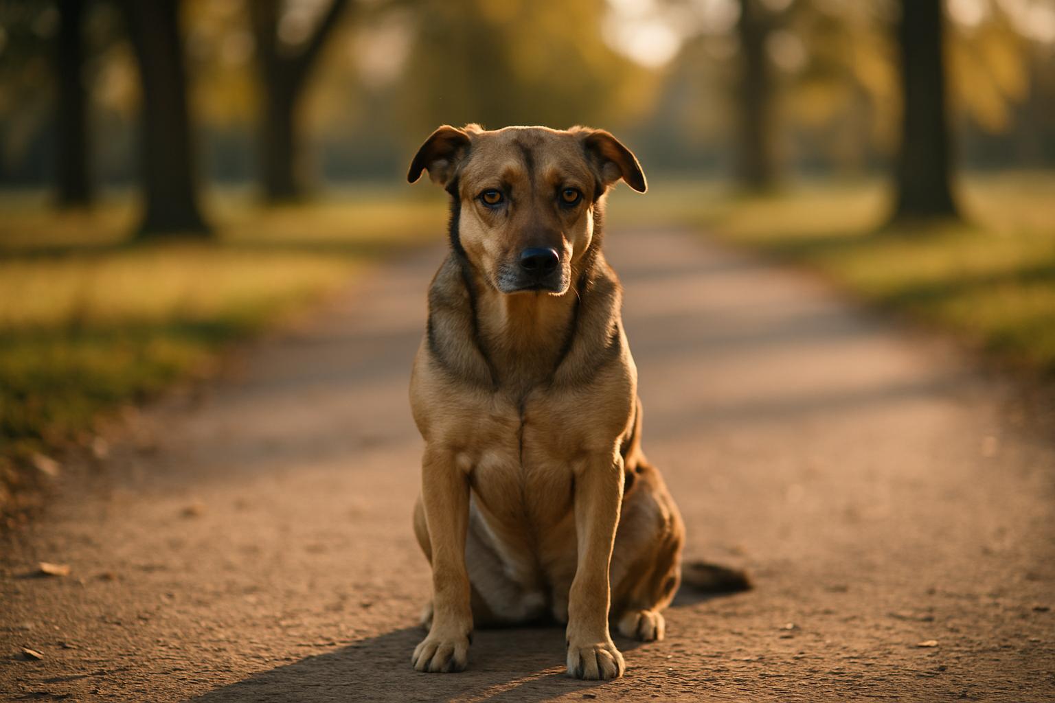 A medium-sized dog sitting on a park path, ears back and alert, in golden hour light