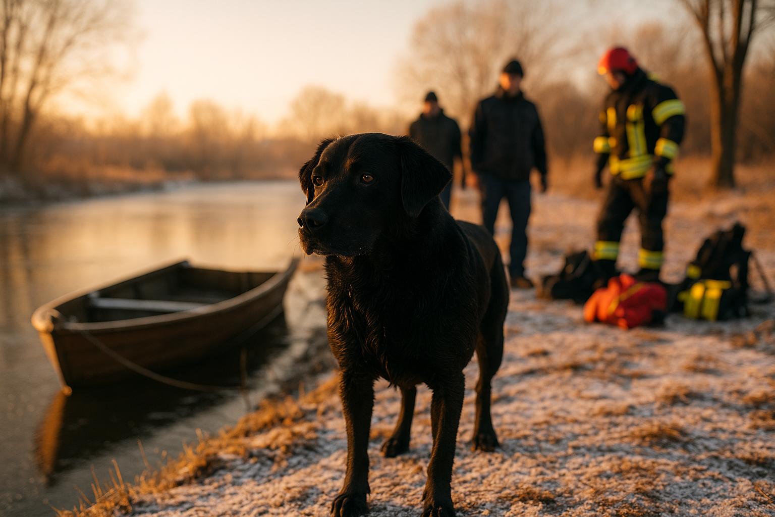 A dark-coated dog standing on a snowy shoreline beside a partially frozen pond with a rowboat and rescuers in the background.