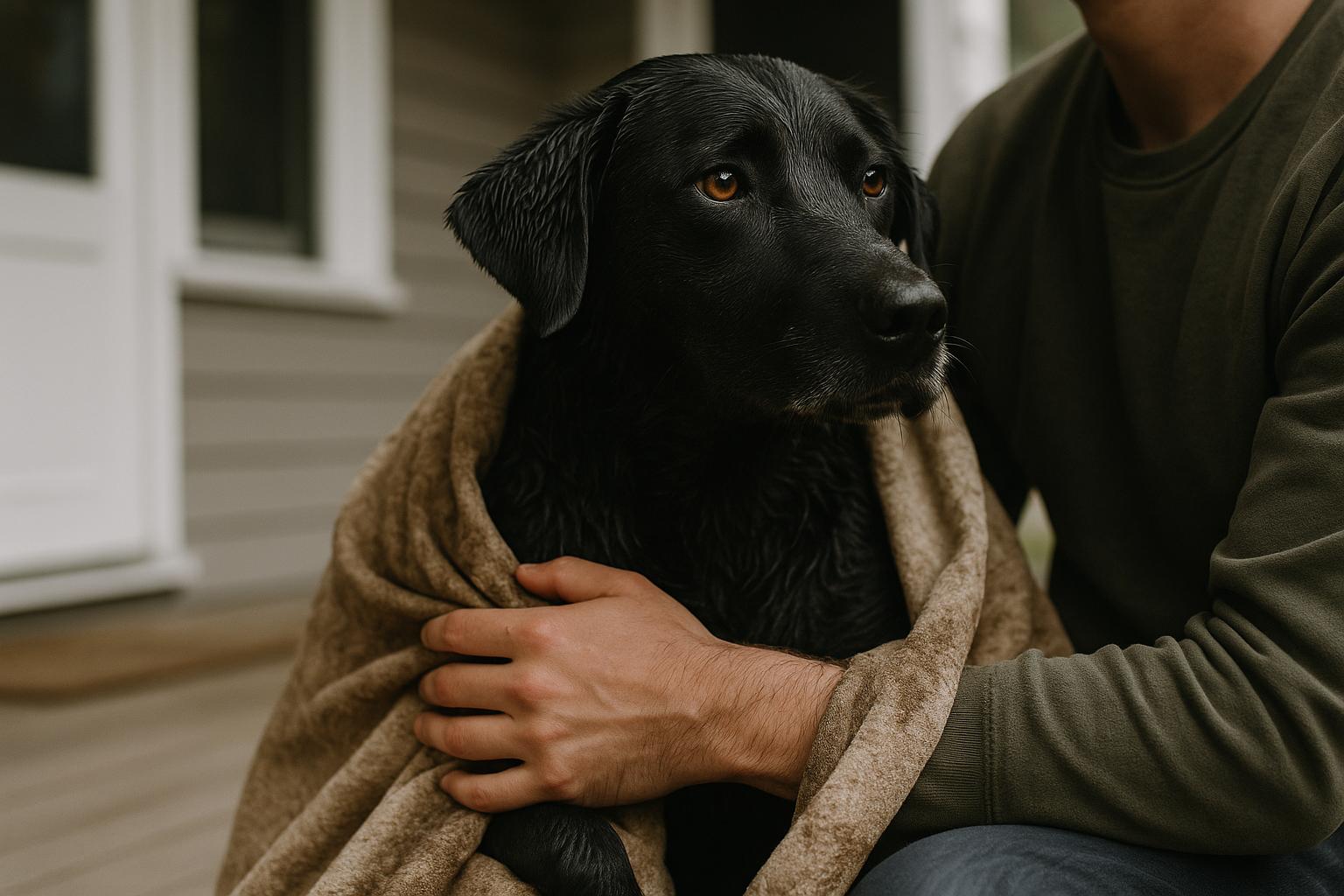 Black Labrador retriever-mix wrapped in a blanket on a front porch after rescue, calm expression and wet fur