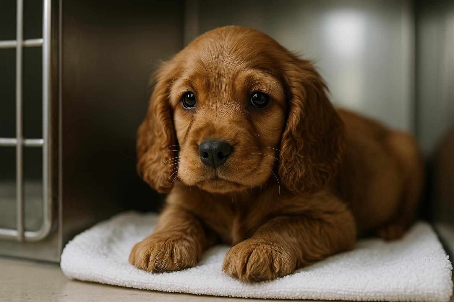 Close-up portrait of a Cocker Spaniel puppy named Indie resting in a veterinary clinic kennel