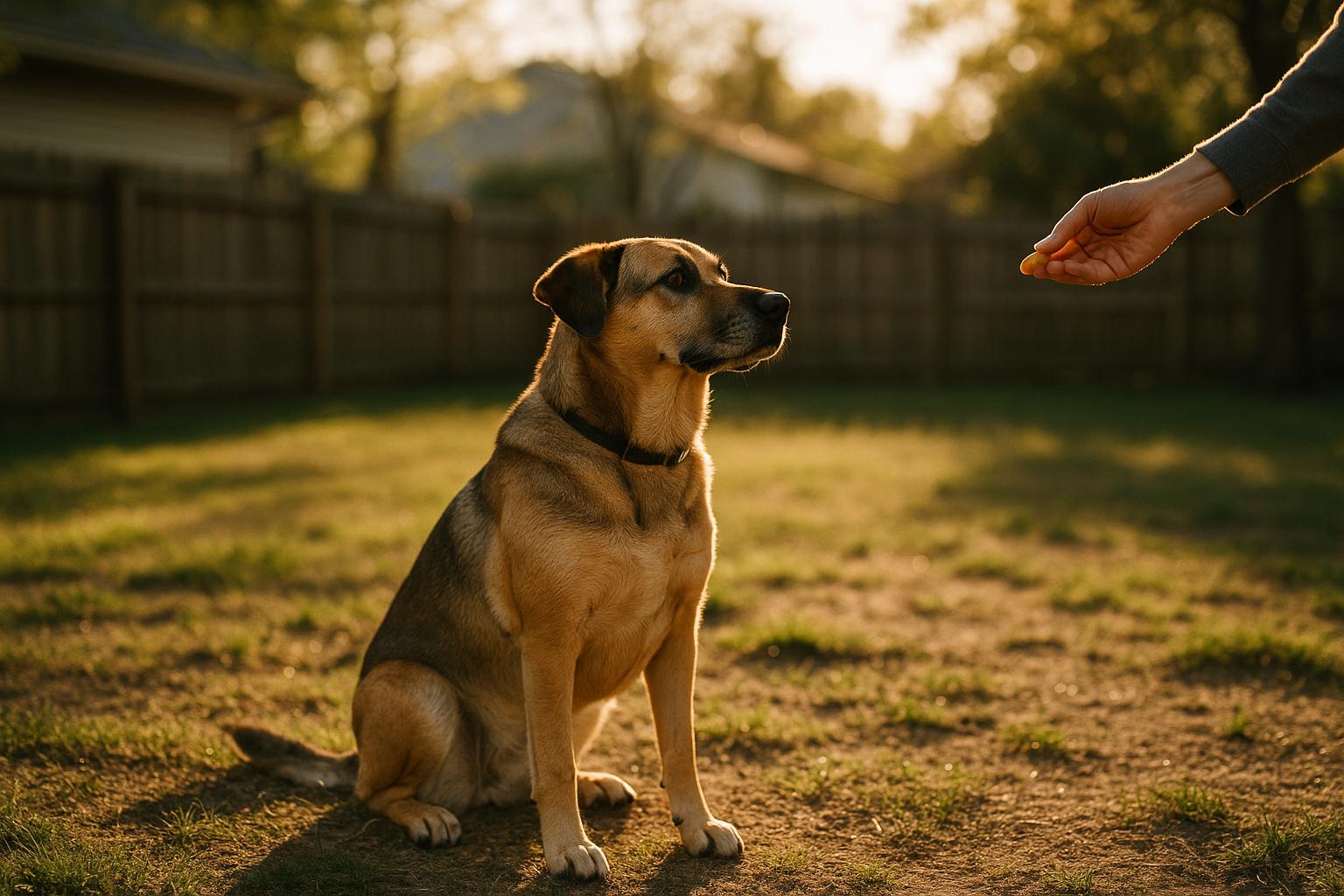 An adult mixed-breed dog sitting attentively in a suburban backyard at golden hour, accepting a treat from a person