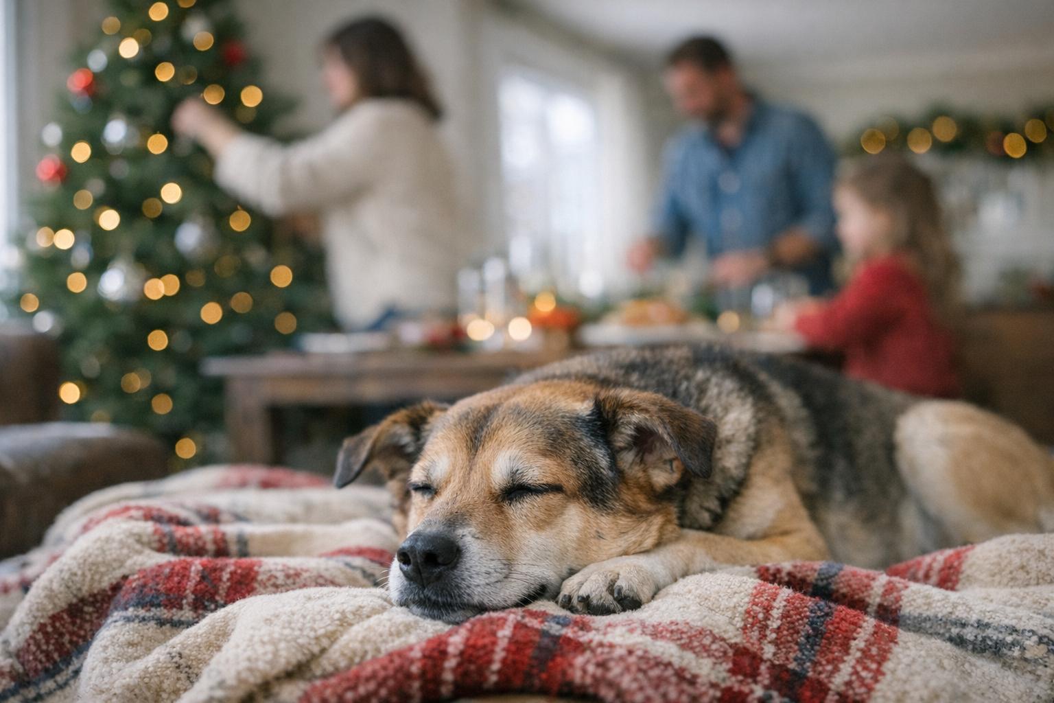 Medium-sized mixed-breed dog resting on a blanket in a living room during holiday preparations