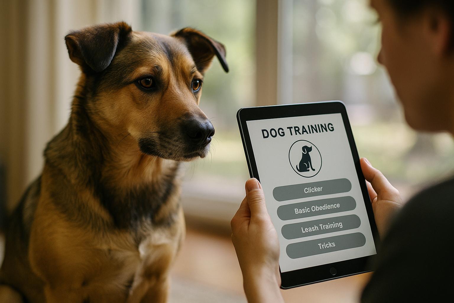 Person showing a dog a training app on a tablet while the dog sits attentively in a sunlit room.