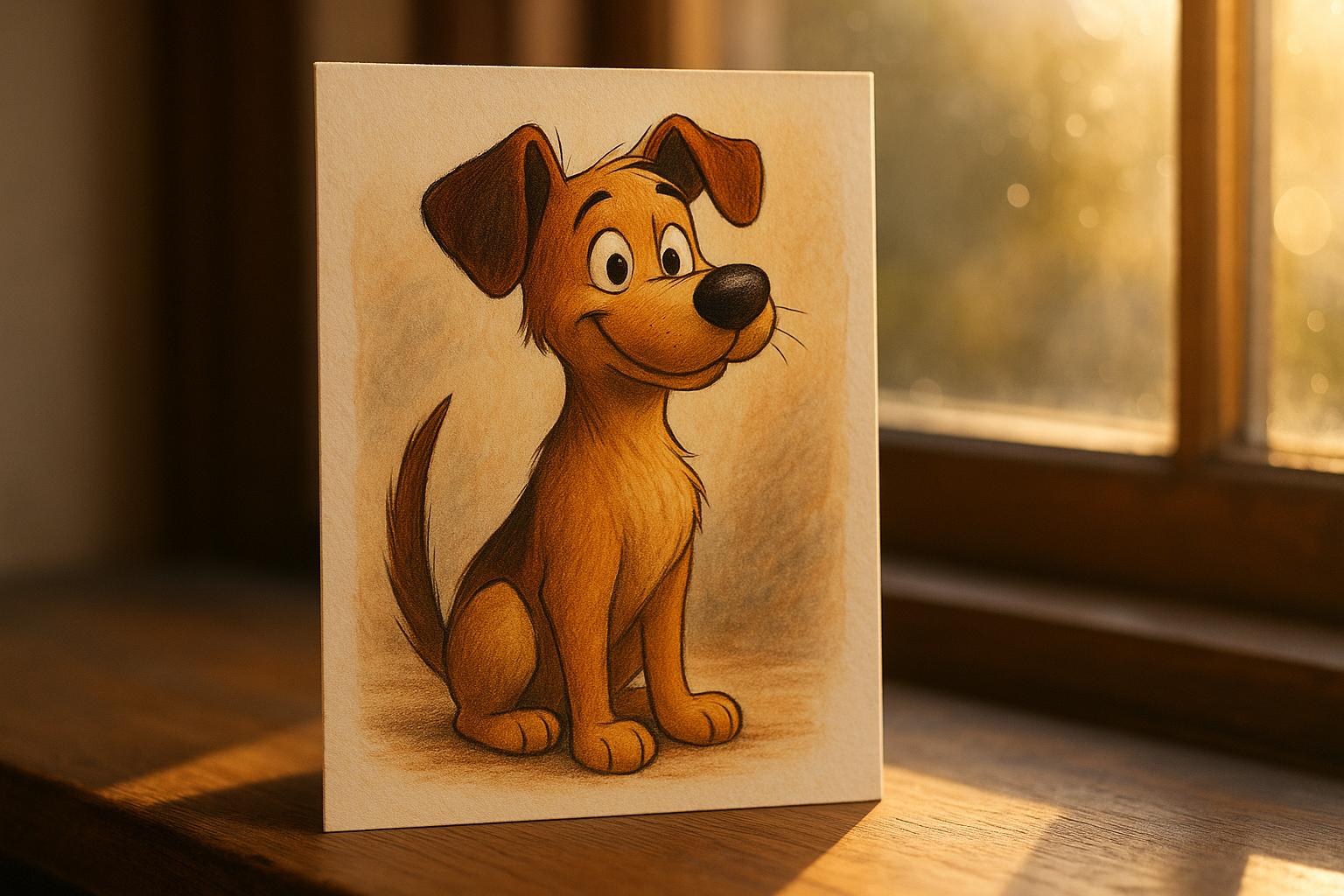 Hand-drawn animated mixed-breed dog character rendered in a boutique greeting-card style, warm window light, close-up