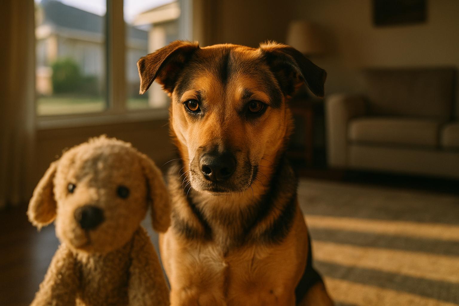 Mixed-breed dog intently focused on a worn plush toy in a living room, shallow depth of field, golden hour light