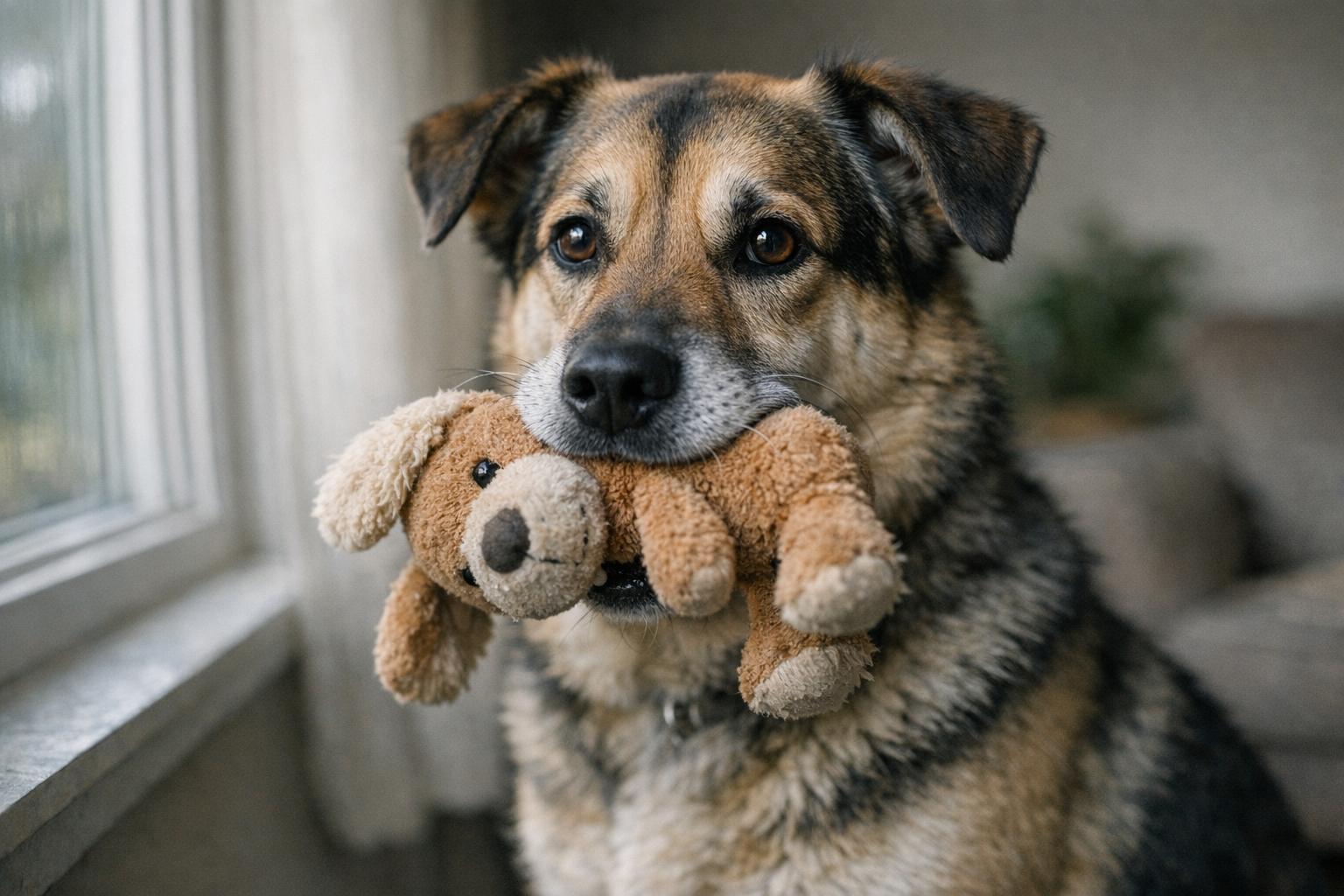 Adult mixed-breed dog holding a plush toy in a living room, close-up portrait with soft window light
