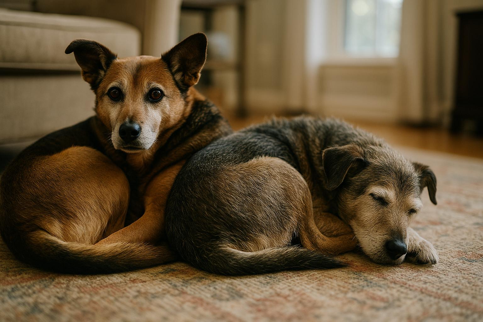 Two senior mixed-breed dogs curled up together on a living room rug, one watching the other as they rest