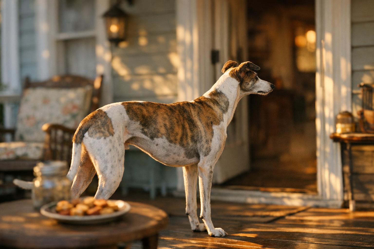A Greyhound standing on a cozy home's porch, looking toward an open door with an eager posture