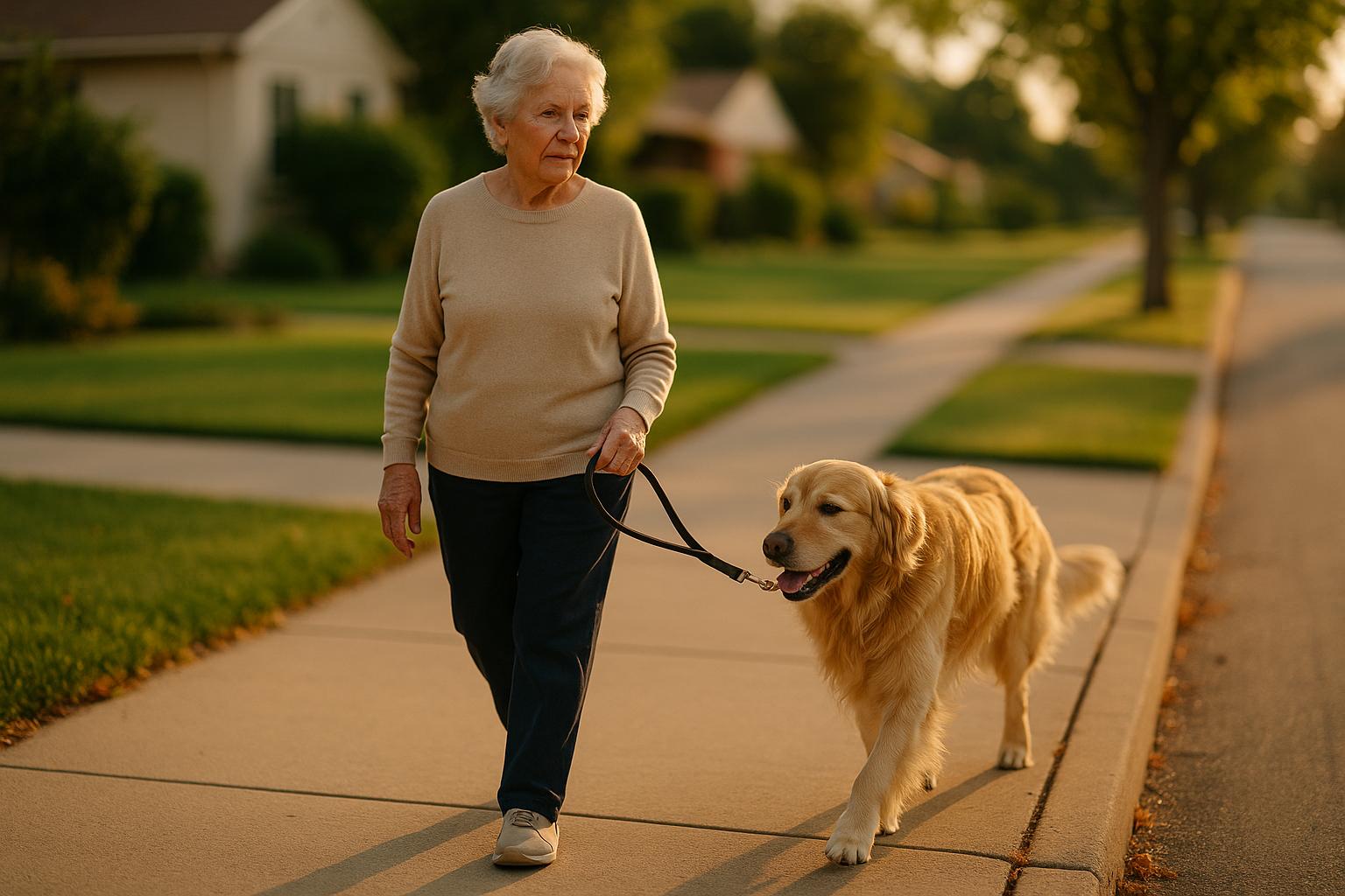 Senior woman walking a Golden Retriever on a suburban sidewalk at golden hour