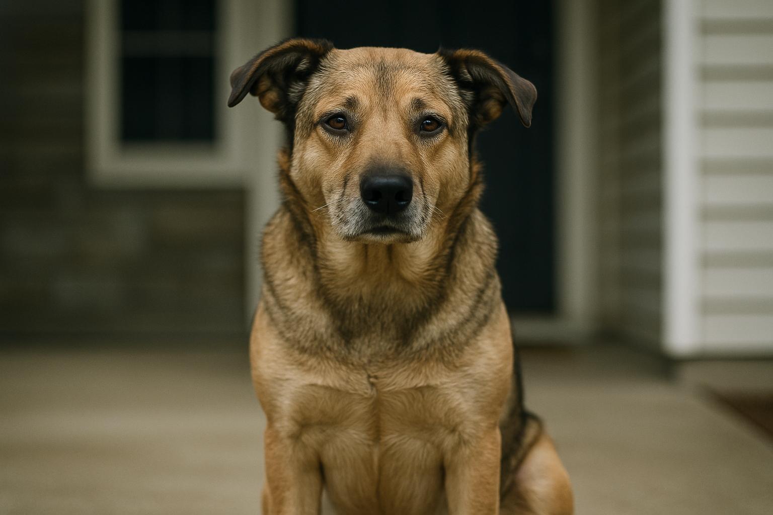 Mixed-breed dog sitting calmly on a suburban porch in soft overcast light