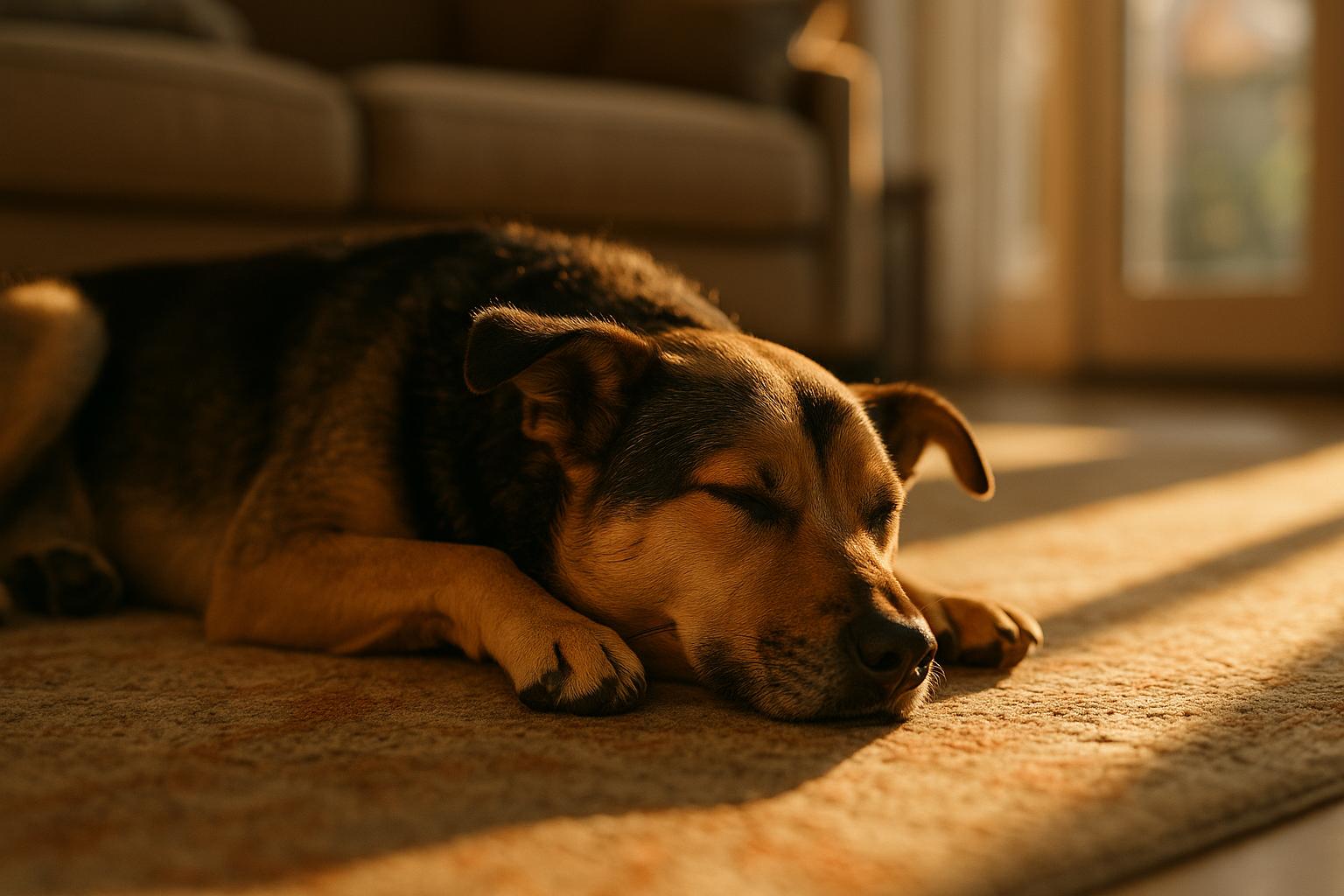 Mixed-breed dog sleeping on a living room rug, twitching slightly in its sleep