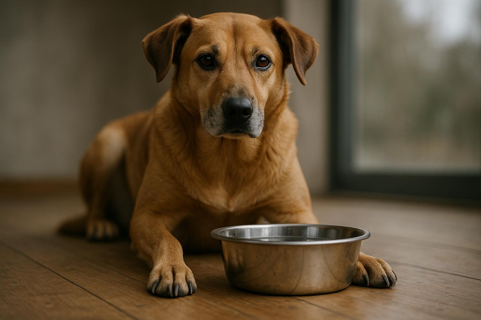 Adult domestic dog beside a water bowl indoors on a cloudy winter day