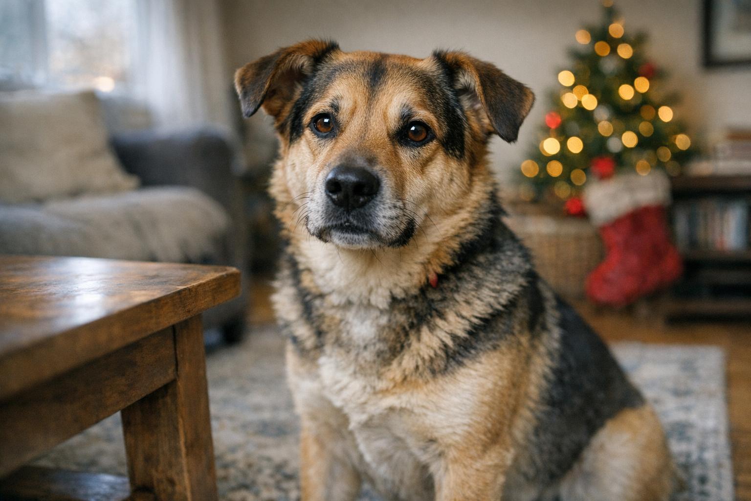 A calm mixed-breed dog sitting in a living room with soft late afternoon light and subtle Christmas decorations in the background
