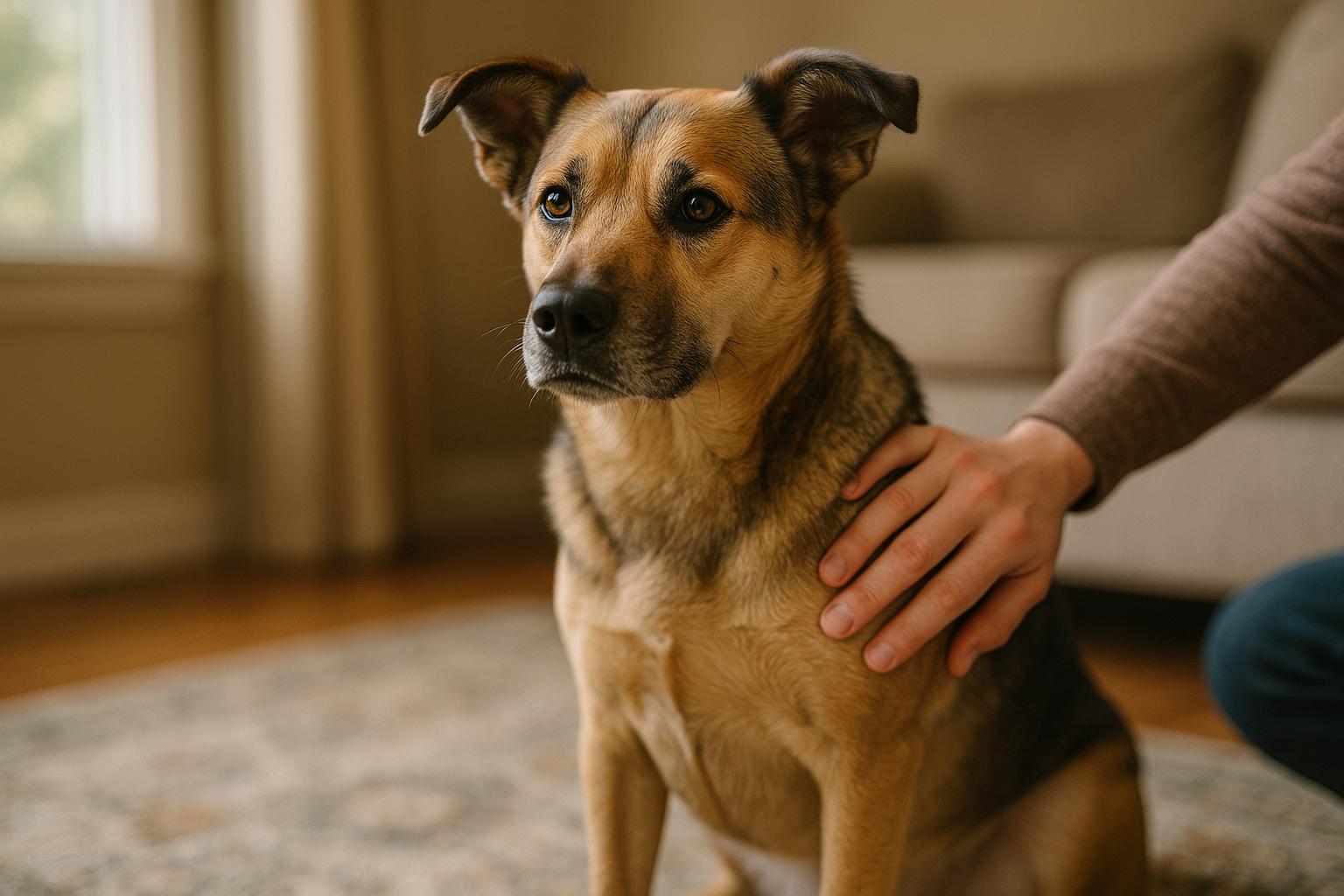 A mixed-breed dog sitting calmly on a living room rug with a human hand resting on its shoulder, looking attentive and relaxed.