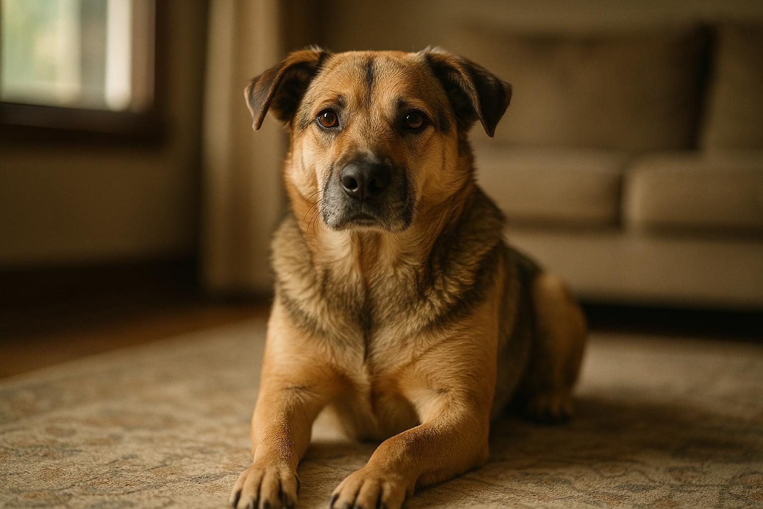 Mixed-breed dog sitting calmly on a living room rug in soft natural light