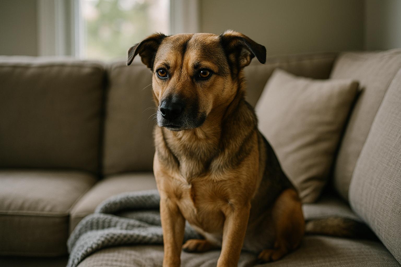 Mixed-breed dog on a couch with a tense posture and focused stare, photographed in natural window light
