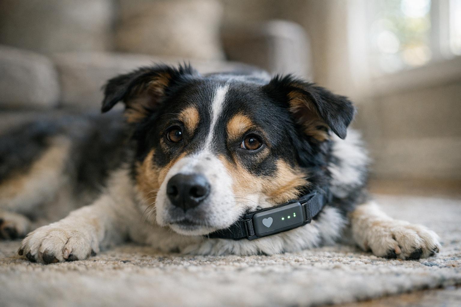 A domestic dog lying on a rug wearing a heart-rate monitoring collar in natural window light.