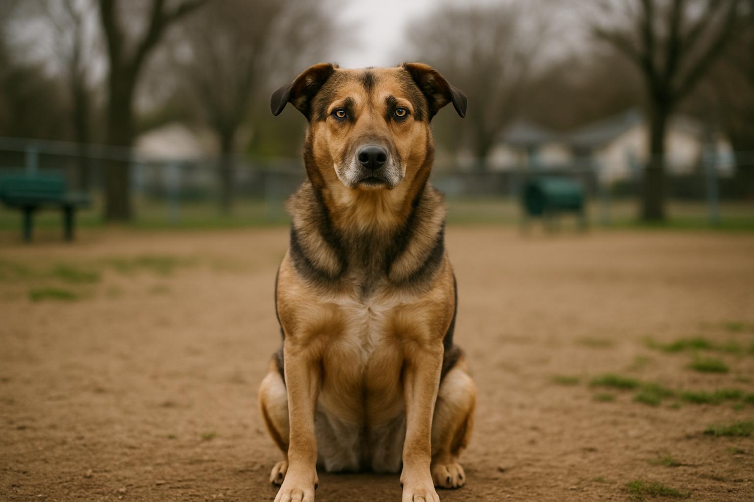 Mixed-breed dog sitting in a suburban dog park under overcast sky, photorealistic.