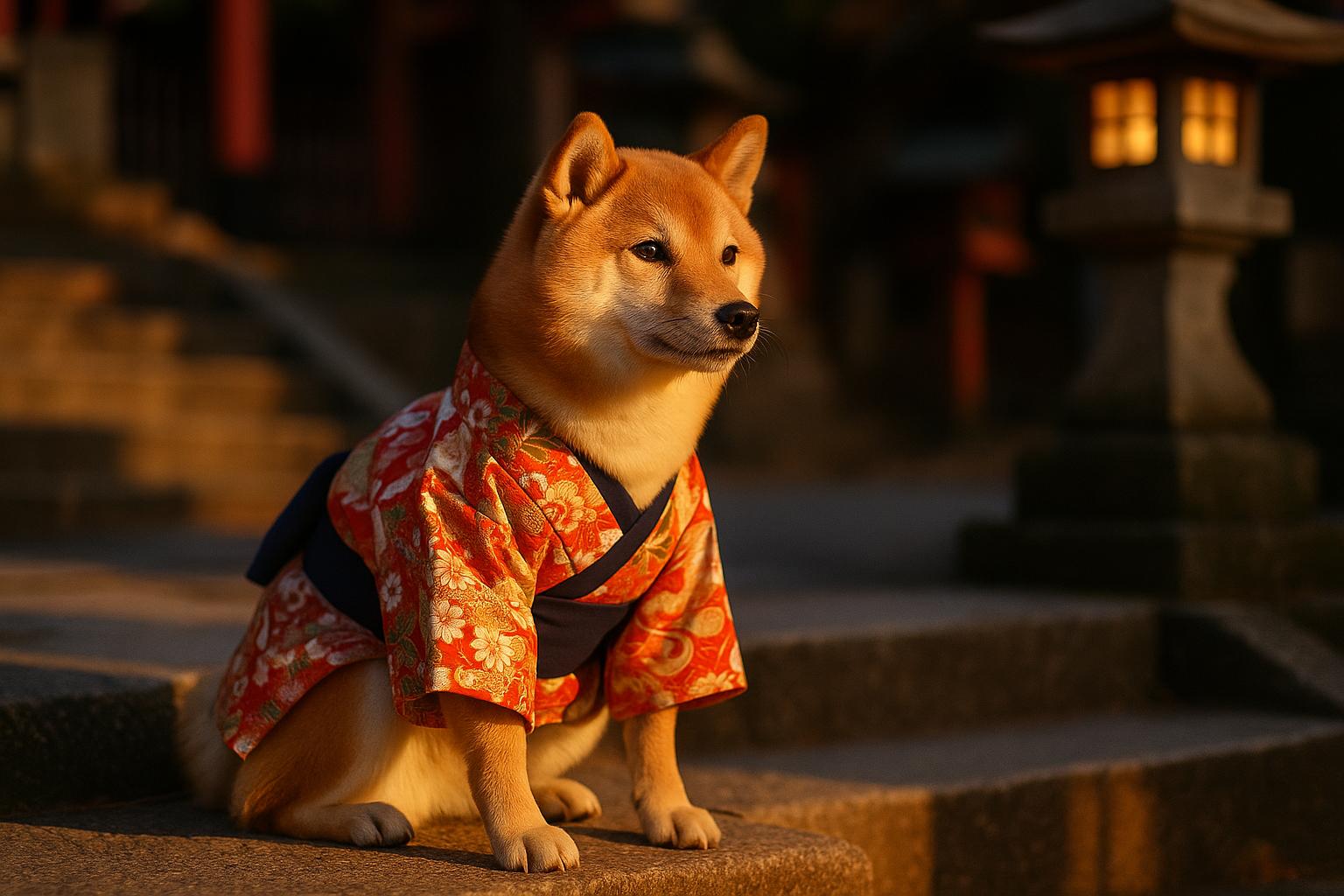 Shiba Inu in a small kimono standing on stone shrine steps during golden hour