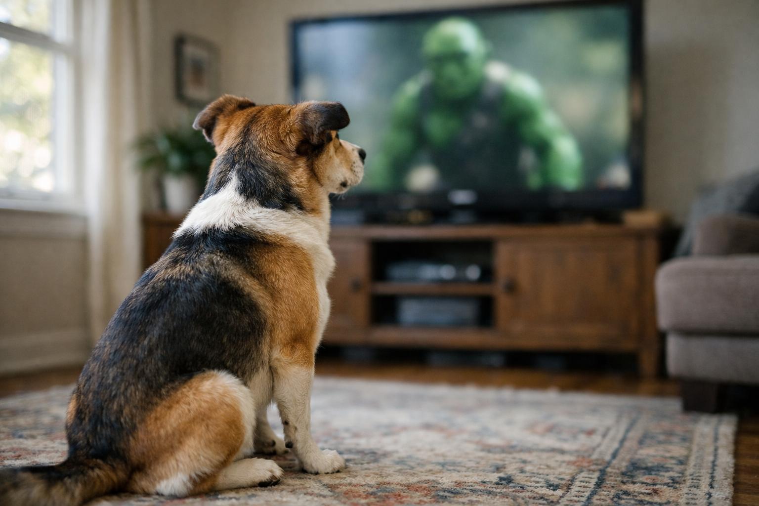 A dog sitting on a living room rug, watching a TV screen with a blurred green figure, looking attentive and focused.