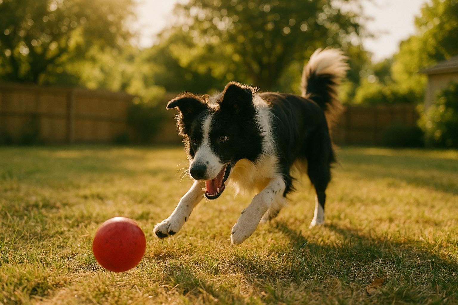 Border Collie chasing a red ball in a sunny backyard