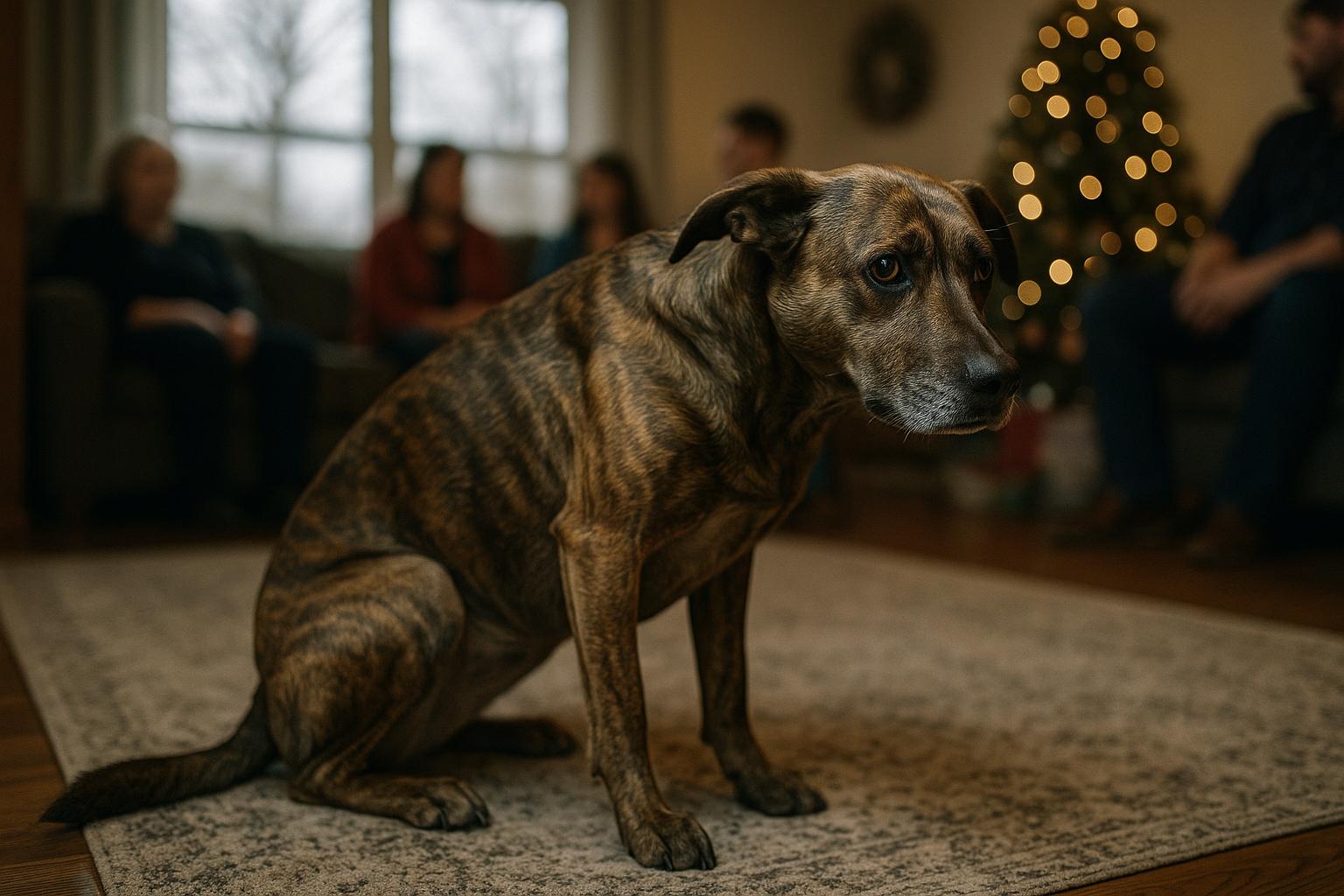 Mixed-breed dog sitting tensely in a living room, showing subtle stress signals such as a stiff body and ears back.