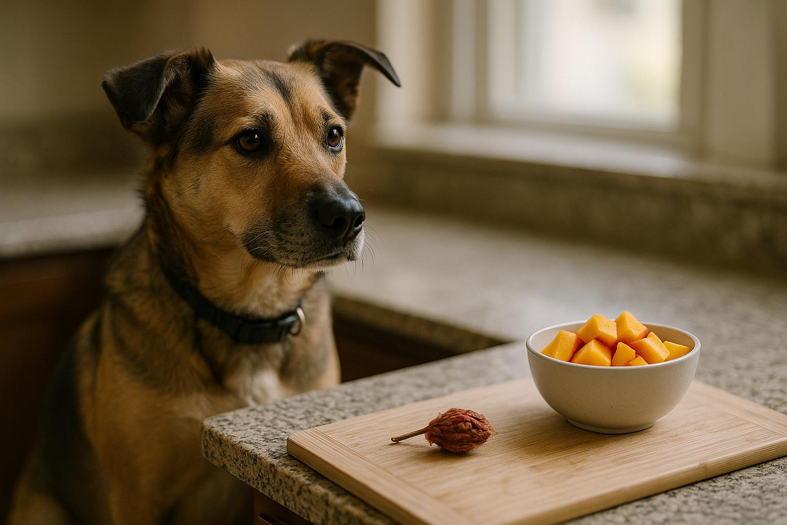 Medium-sized mixed-breed dog sitting beside a bowl of small peach cubes on a kitchen counter, with a removed peach pit and stem on a cutting board.