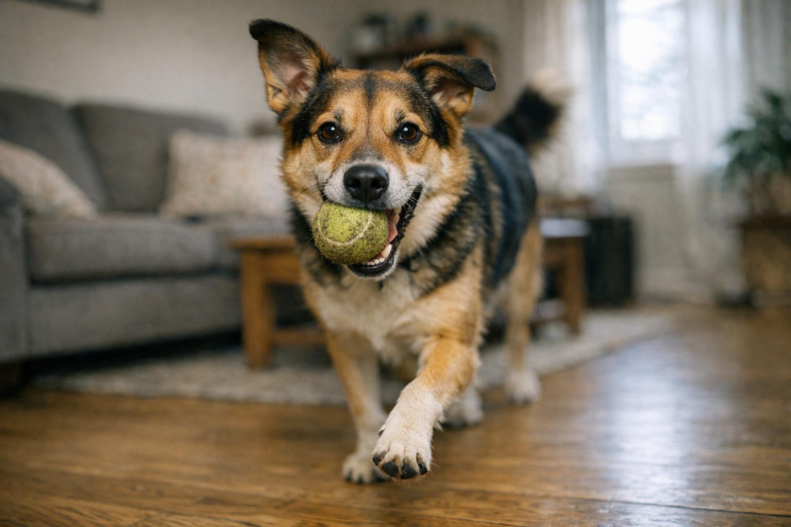 Mixed-breed dog prancing with a tennis ball in a living room, playful expression