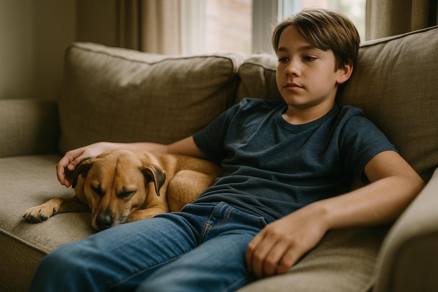 Middle-school boy relaxing on a sofa with the family dog curled at his side, natural window light, documentary-style photo