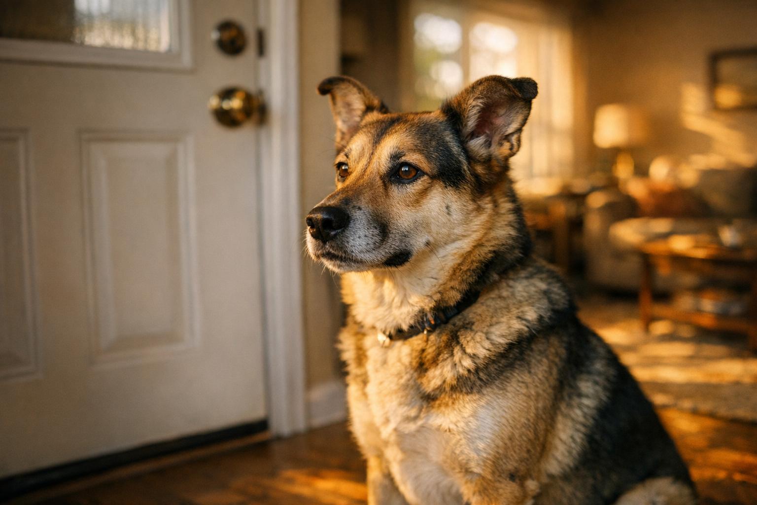Medium mixed-breed dog sitting by a front door, looking alert in golden hour light