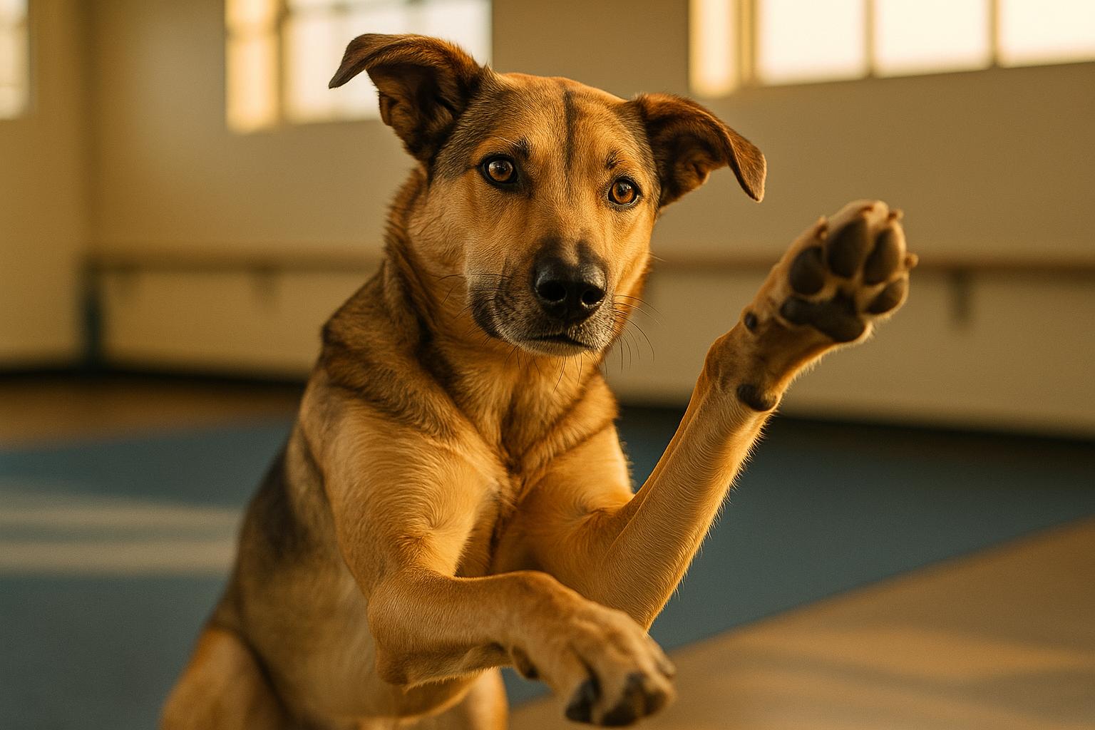 Mixed-breed dog lifting its paw during an indoor training session, captured in warm natural light