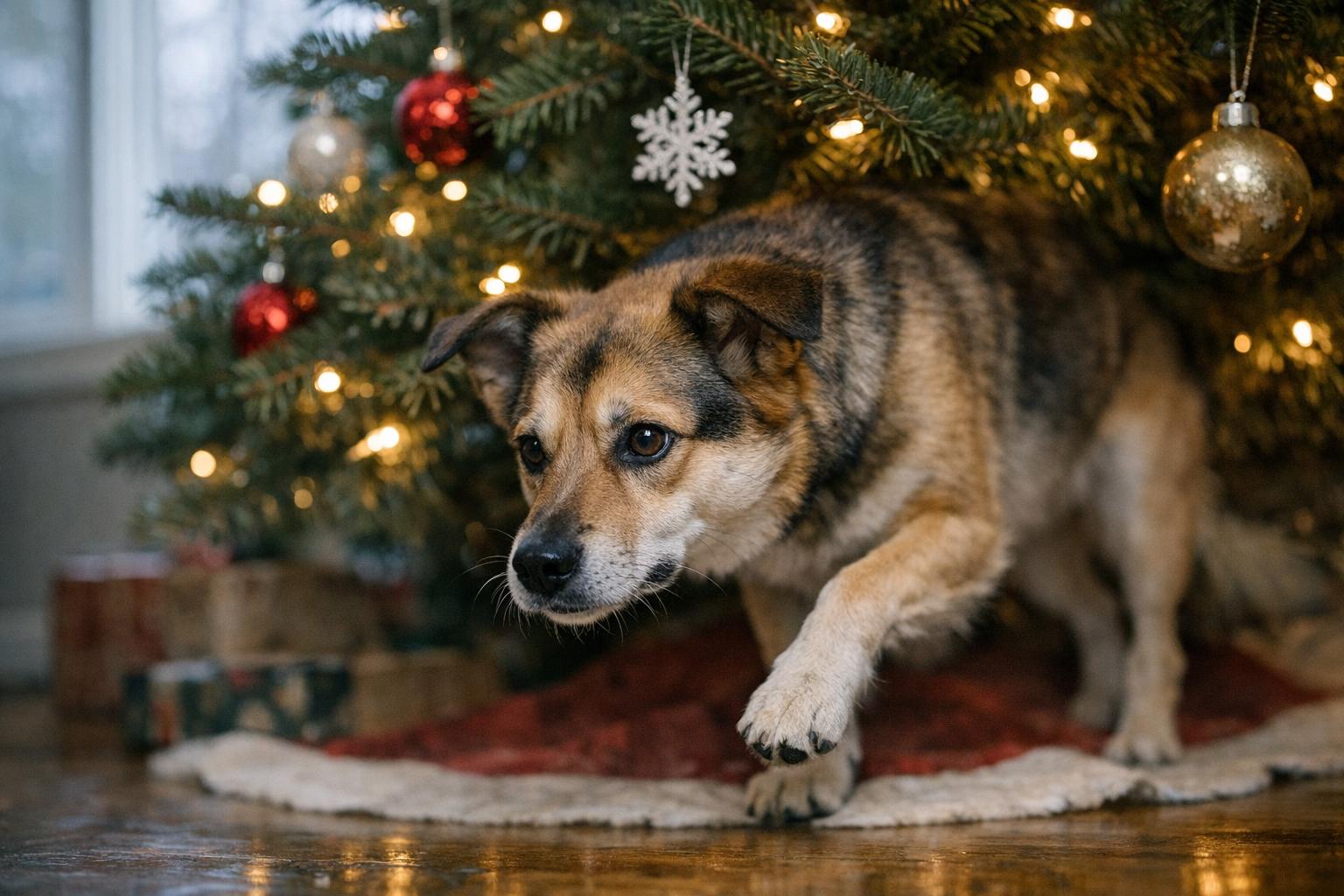 A mixed-breed dog walking slowly beneath a decorated Christmas tree, eyes focused ahead, soft indoor light
