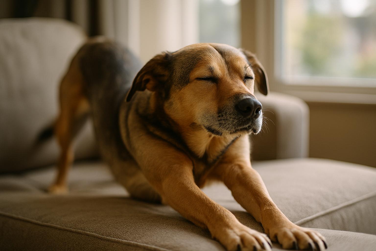 Medium-sized mixed-breed dog stretching on a couch in soft morning light