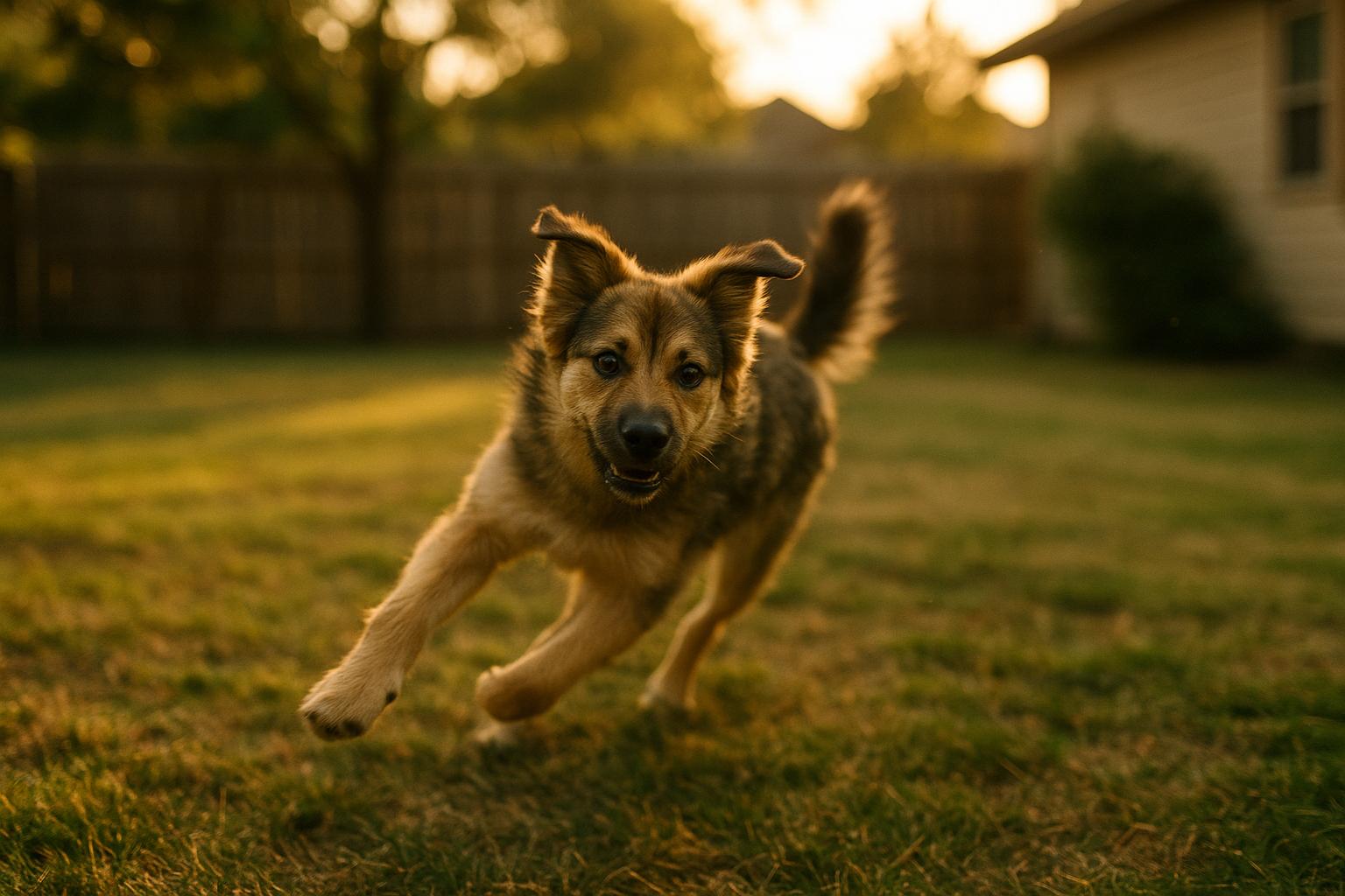 A young mixed-breed dog running energetically across a backyard at golden hour