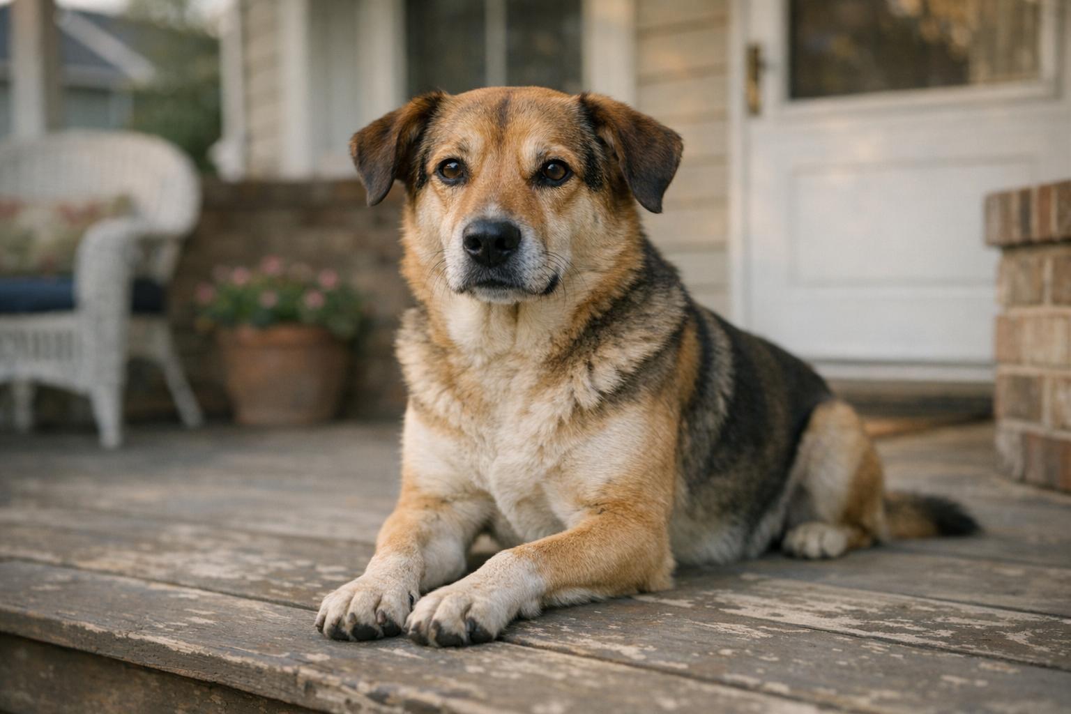 A medium-sized mixed-breed dog sitting calmly on a suburban front porch in late afternoon light