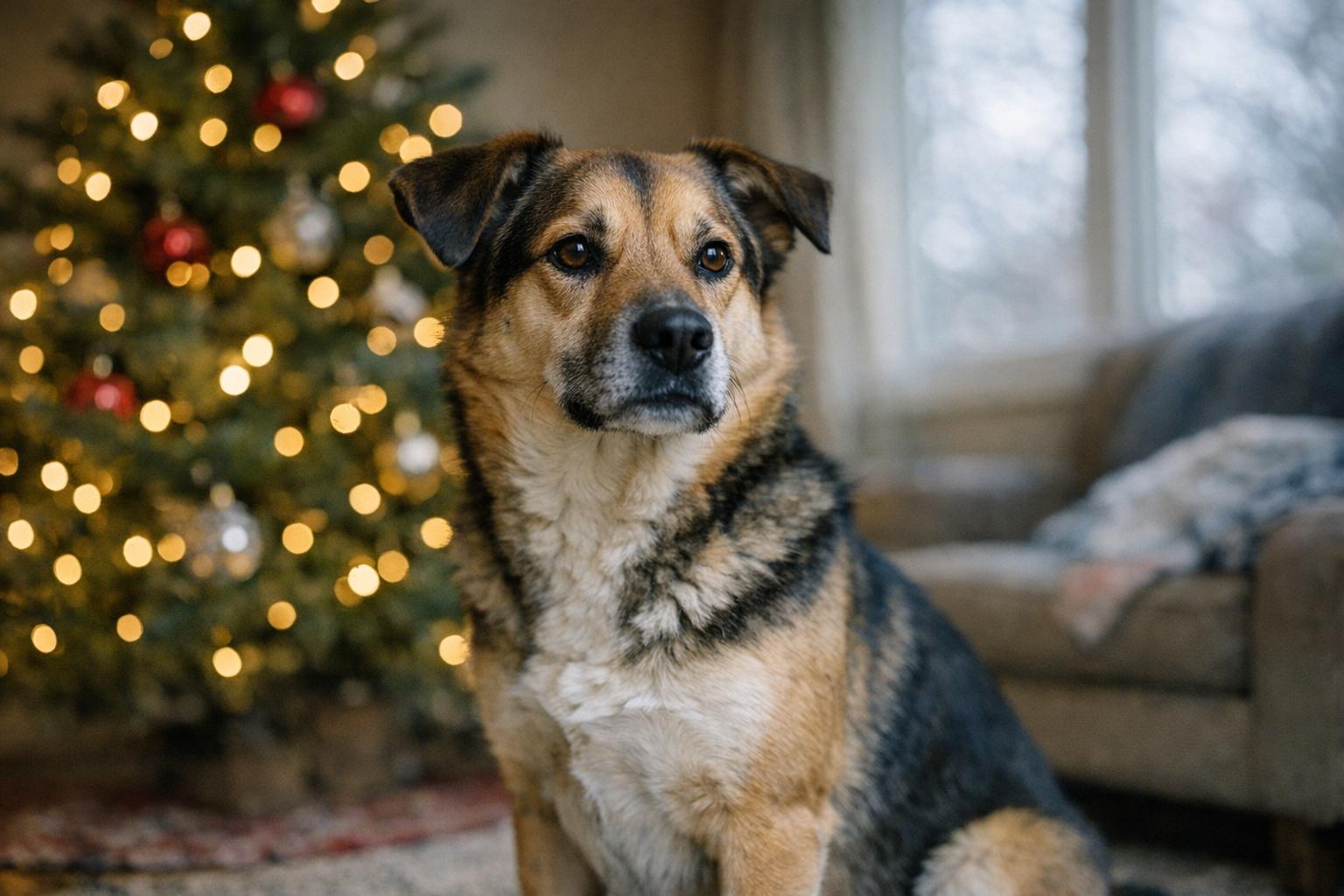 A mixed-breed dog sitting alert near a living room Christmas tree with lights softly blurred in the background.