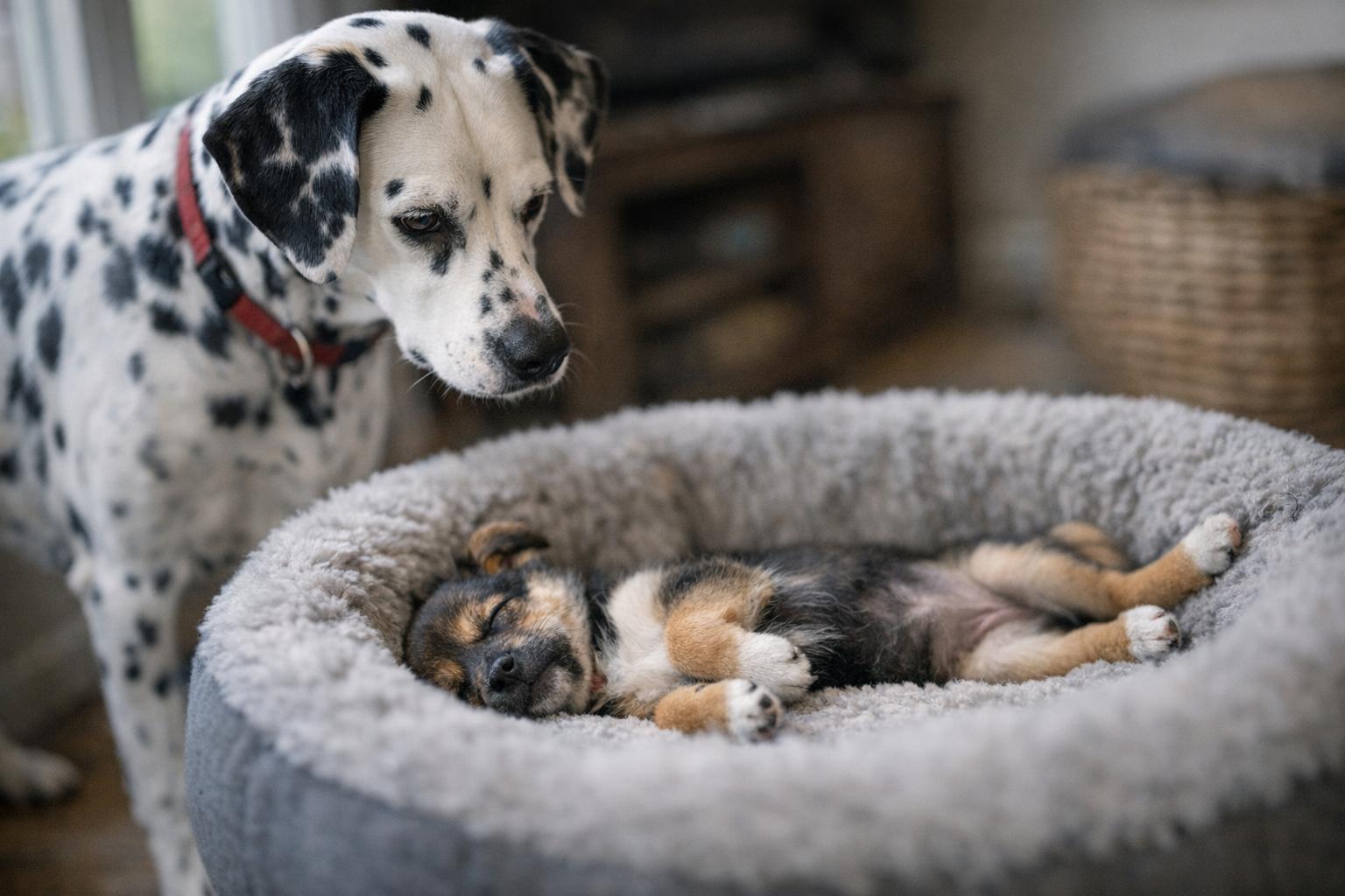 Dottie the Dalmatian standing beside a dog bed where puppy Chanel lies stretched out, Dottie looking at the puppy with attentive posture.