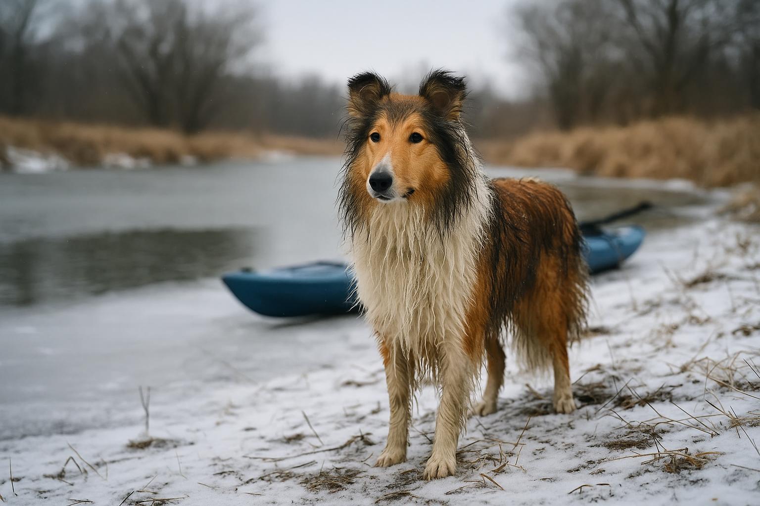 Two-year-old Collie named Doug on the snowy bank of a partially frozen pond, wet fur and alert expression, with a kayak and rescuers' equipment in the background.