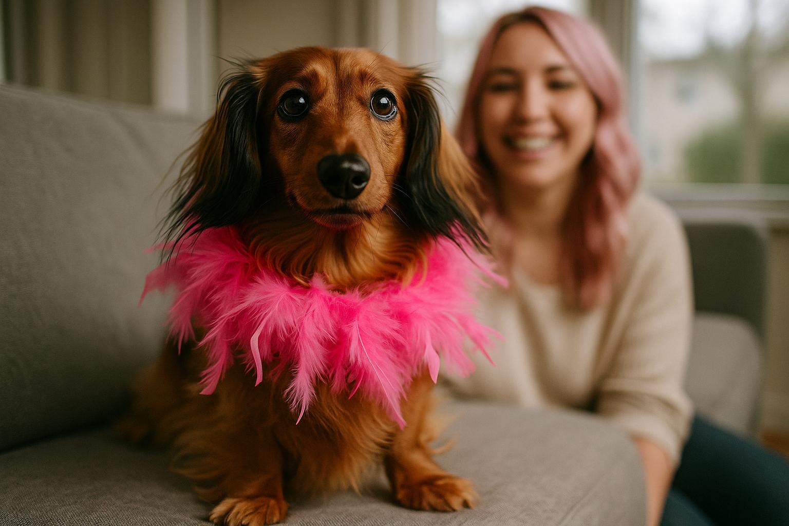Longhaired Dachshund in a pink boa on a sofa with a woman with pink hair smiling in the background