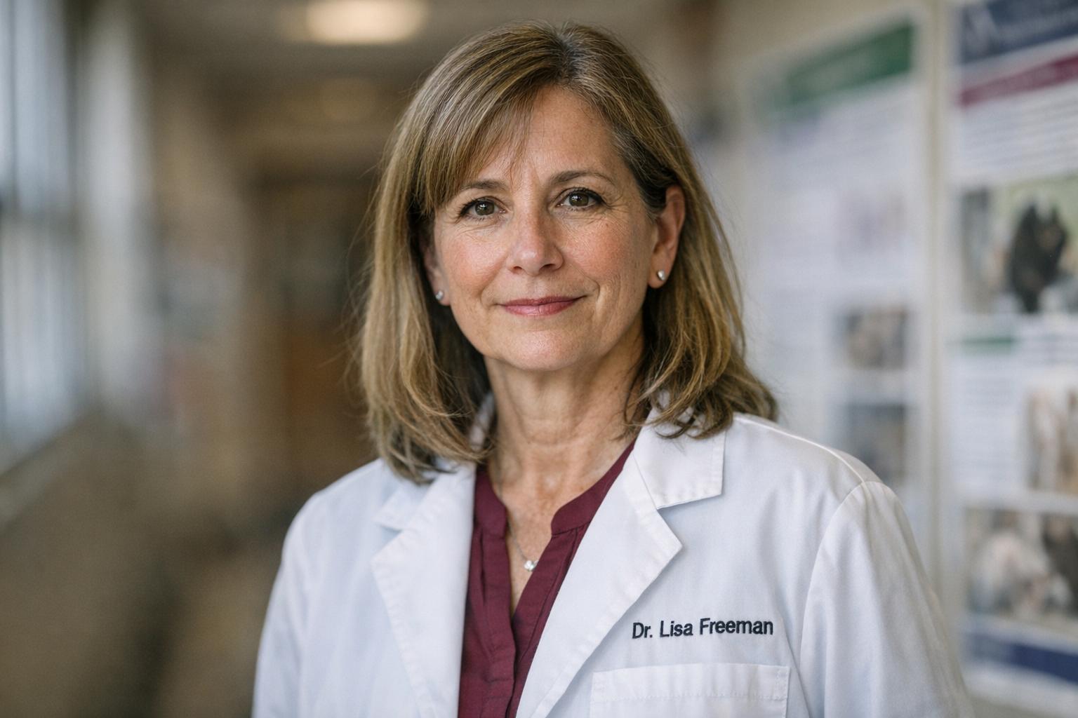 Dr. Lisa Freeman, veterinary nutritionist and professor, standing in a university hallway with blurred research posters in the background.