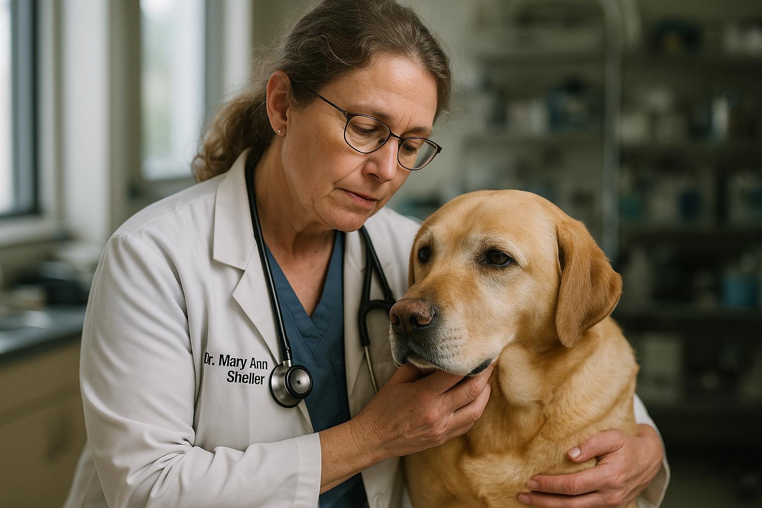 Dr. Mary Ann Sheller examining a Labrador in a clinic, close-up portrait with veterinary equipment visible in the background