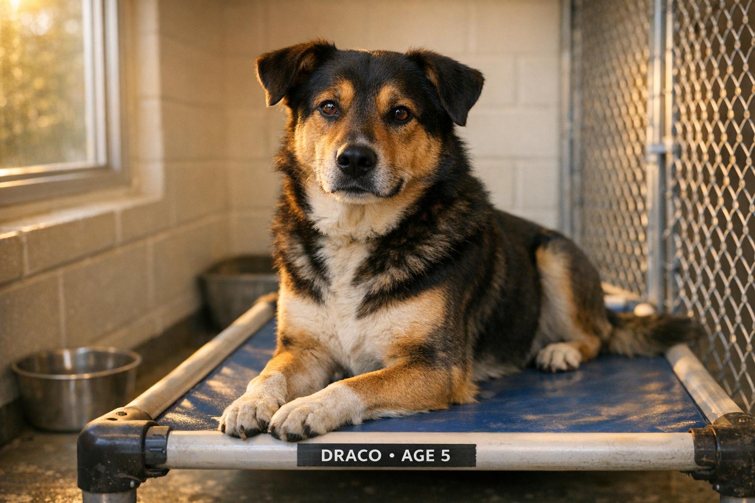 Draco, a five-year-old dog, sitting calmly in a shelter kennel under natural light