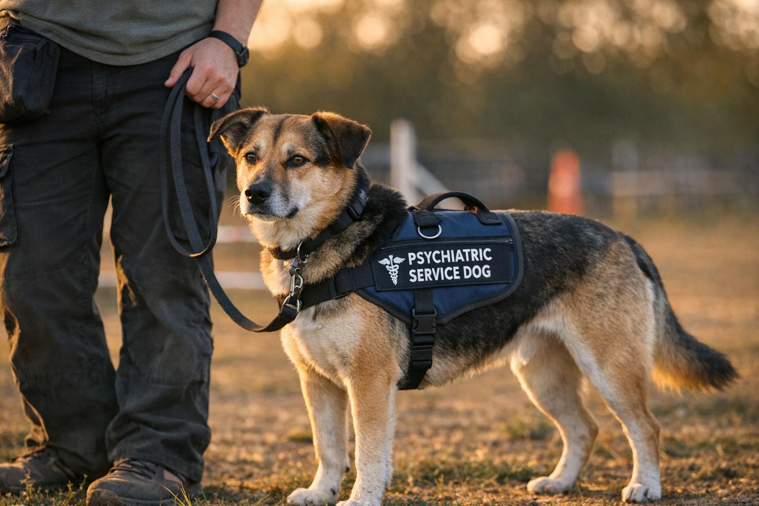 Medium-sized mixed-breed service dog wearing a navy blue psychiatric service vest standing beside a handler in a training field at golden hour