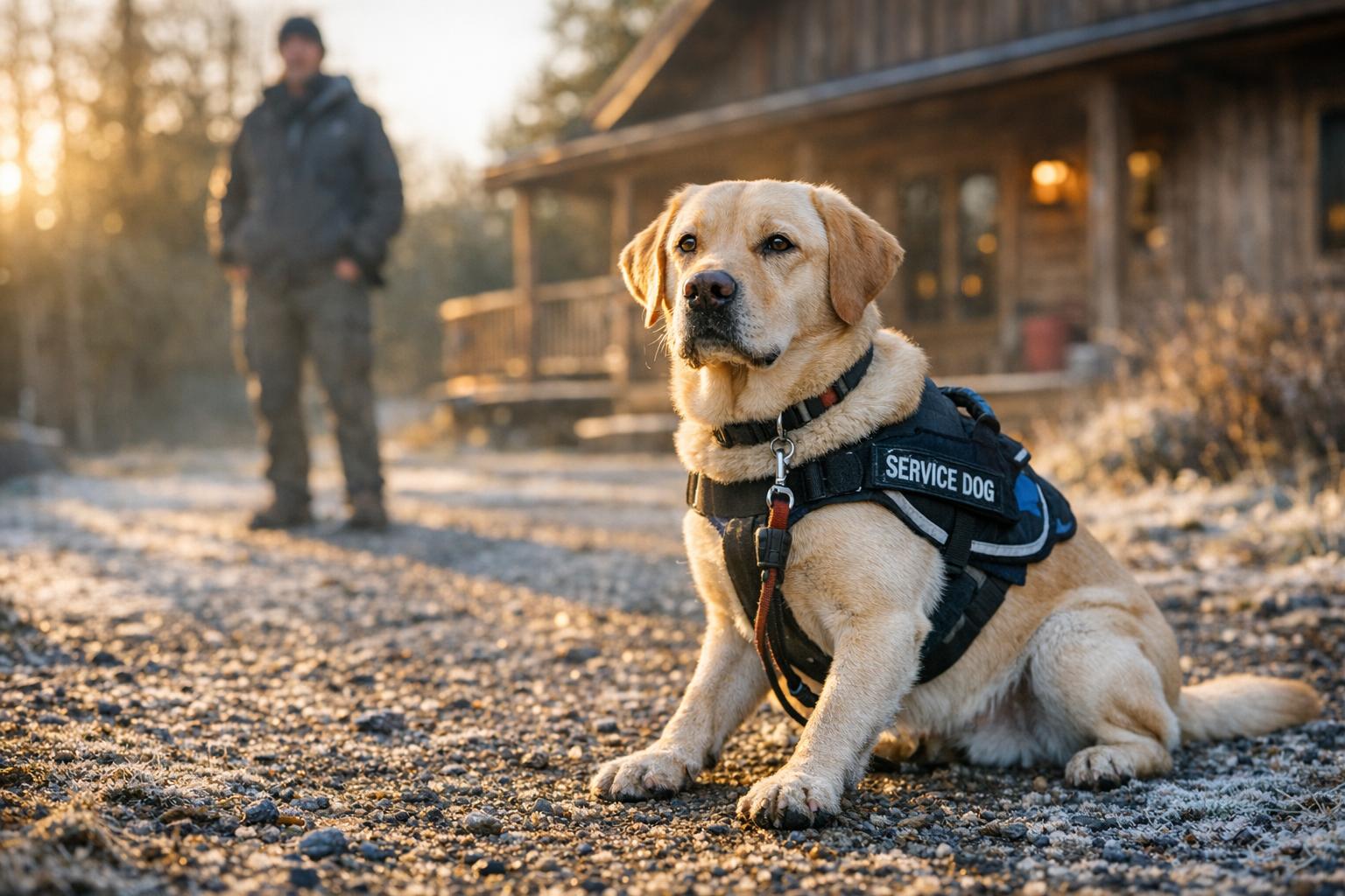 Labrador service dog sitting on a frosted gravel driveway outside a wooden home at golden hour