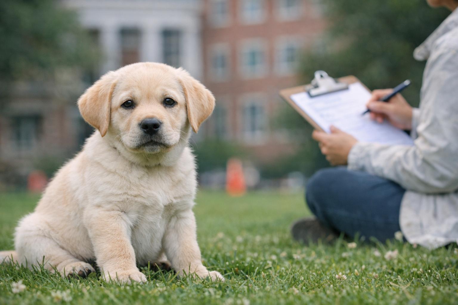 Labrador puppy on a grassy campus lawn during cognitive testing, with a researcher and clipboard blurred in the background.