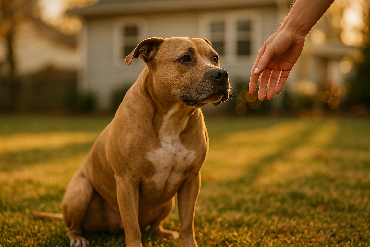 Duke, a 4-year-old pittie mix, sits calmly and leans in gently while a hand reaches toward him in a suburban backyard during golden hour.