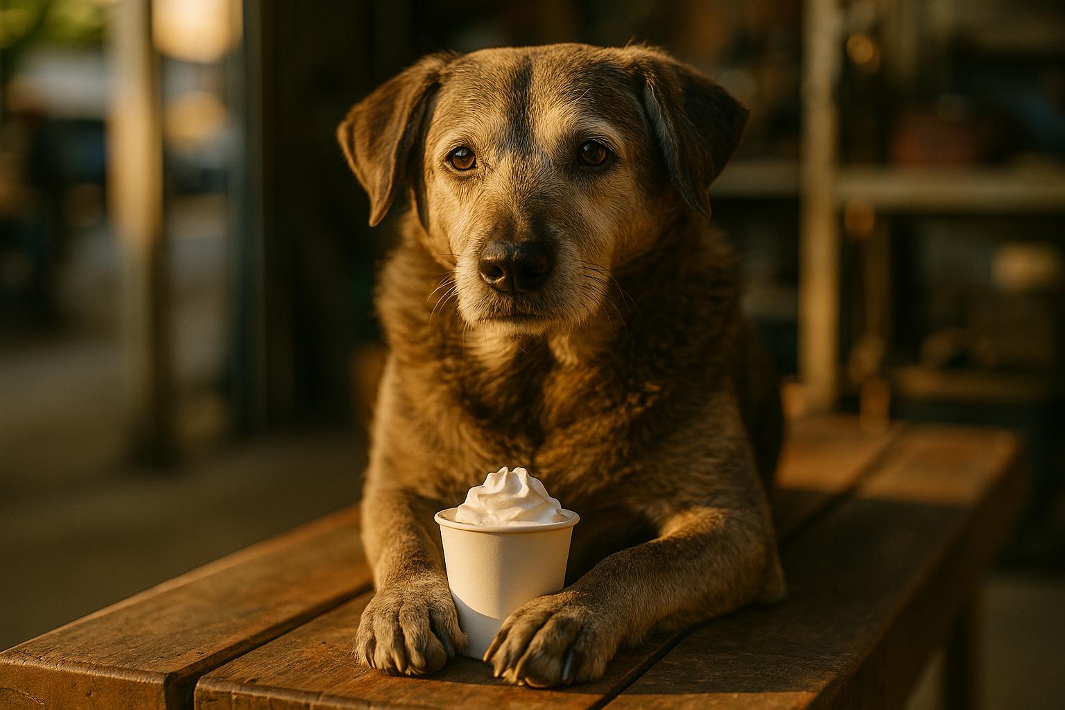 Dusty, a 9-year-old senior dog, sitting on a bench with a pup cup during an outing