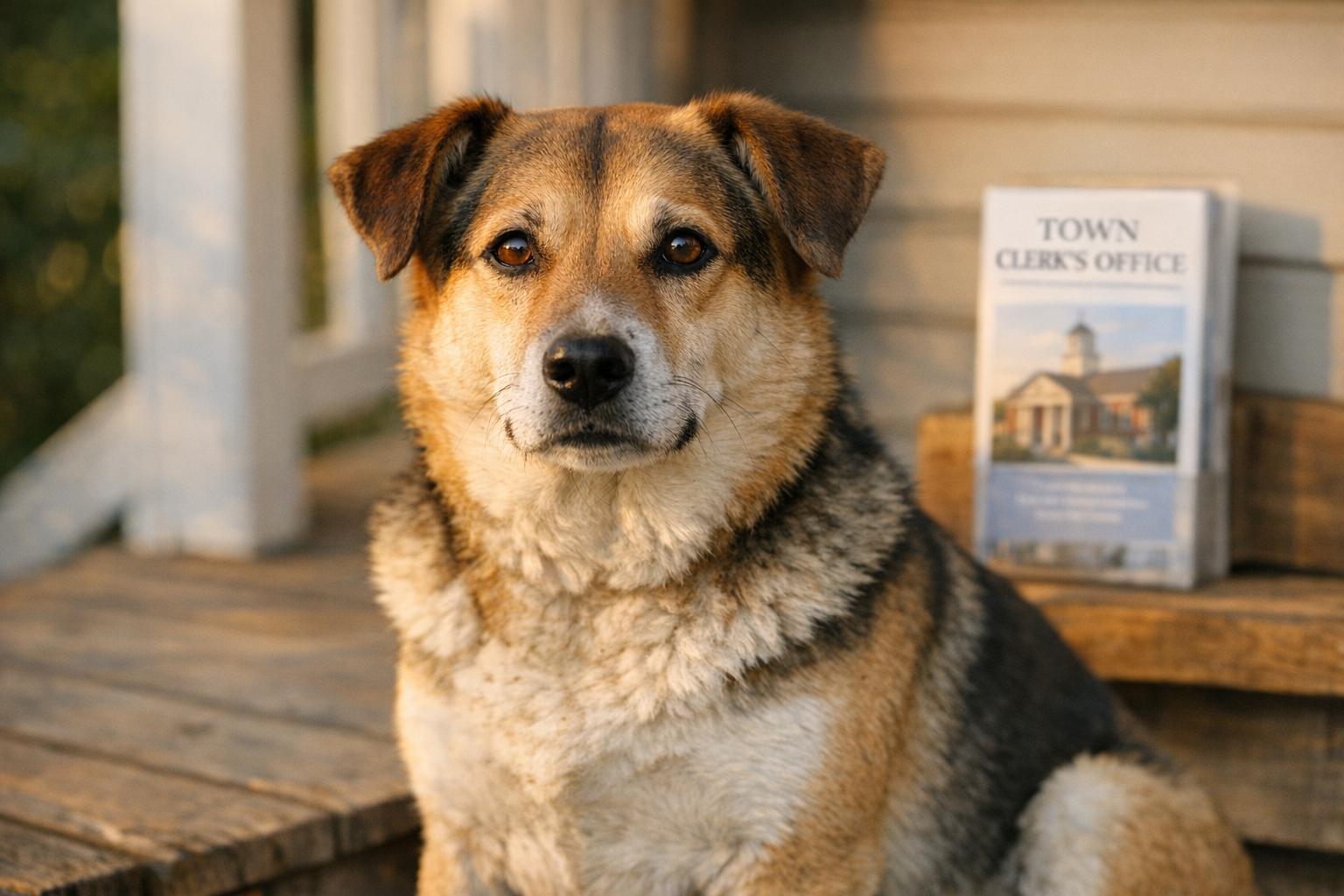 Medium-sized mixed-breed dog sitting on a suburban front porch near a brochure for the Town Clerk's Office